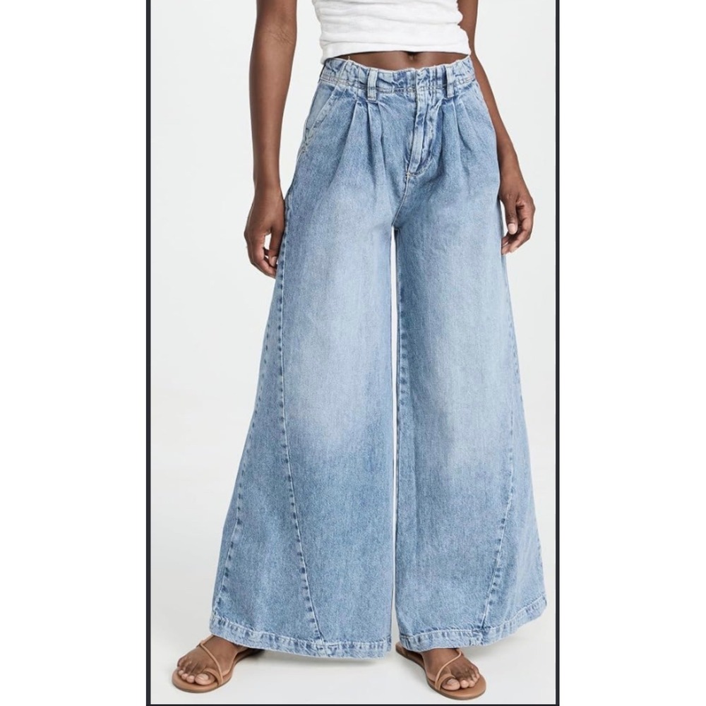 Free People Equinox Denim Trouser Womens SZ 27 Blue Wide Leg Pleated Jeans Boho